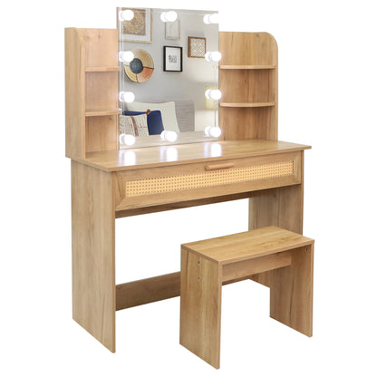 Vanity Desk Set with Stool, LED Mirror, Drawer, and Compartments, Modern Wood Dressing Table with Storage