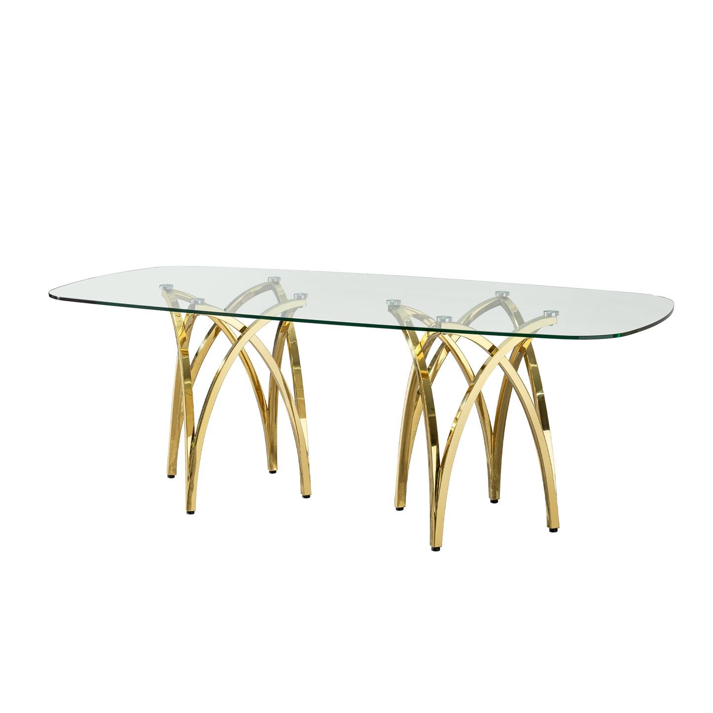 0.47" Thick Tempered Clear Glass Rectangular Big Dining Table with Gold Stainless Steel Base 86.61" L x 39.37" W x 29.92" H