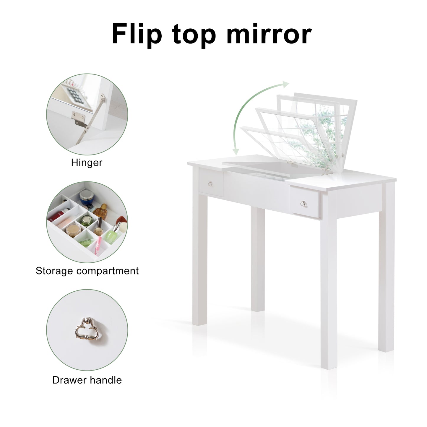 Accent White Vanity Table with Flip-Top Mirror and 2 Drawers, Jewelry Storage for Women Dressing