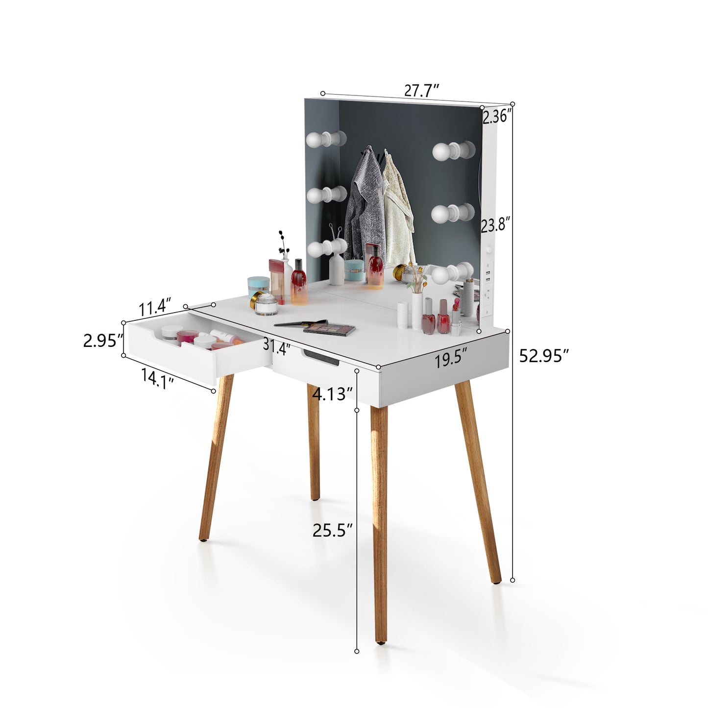 Wooden Vanity Table Makeup Dressing Desk with LED Light,dressing table with USB port,White