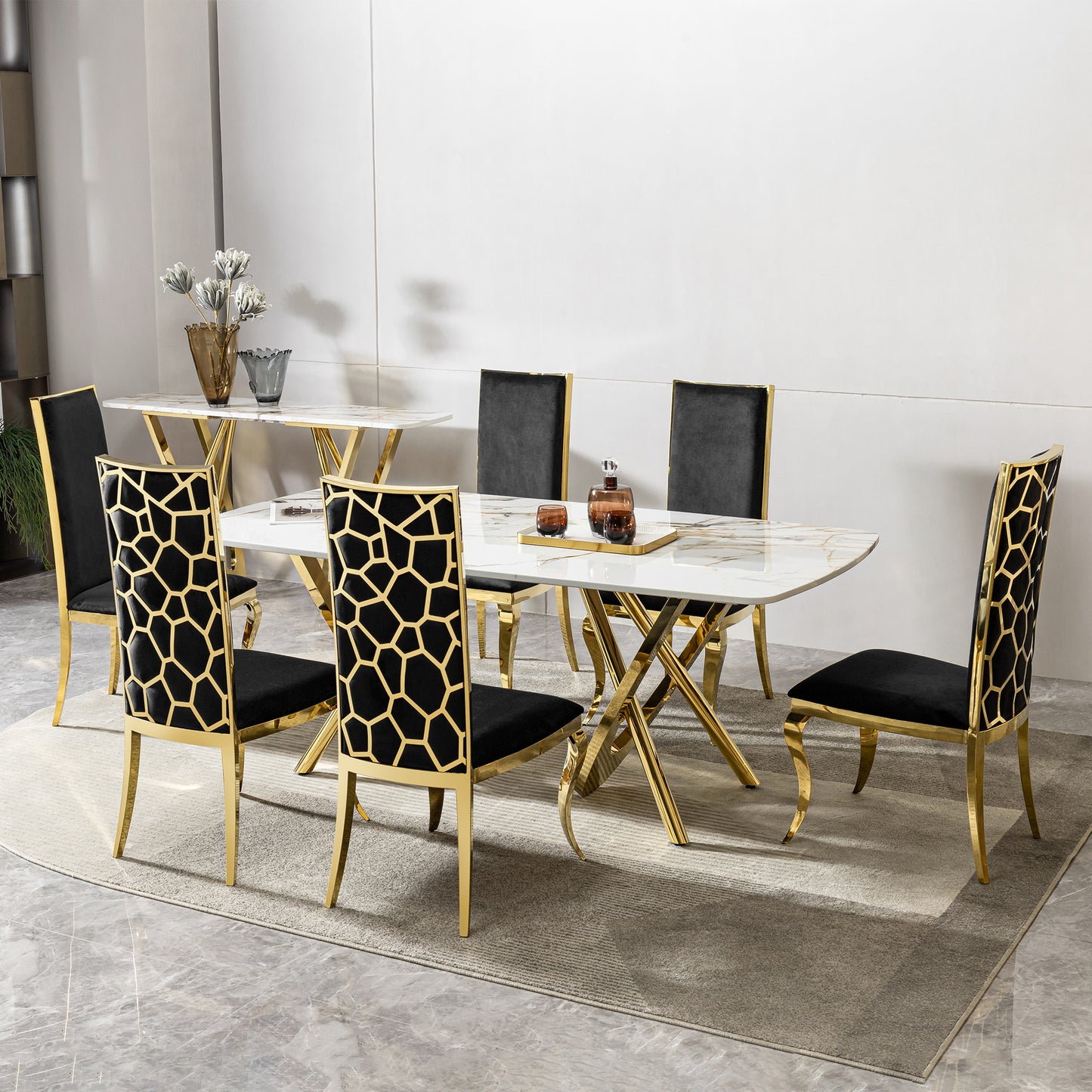 MDF marble pattern dining table with gold stainless steel base, rectangular shape seats 6-8 people