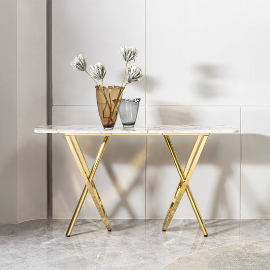 Modern 0.78" thickness marble pattern top mirror gold stainless steel rectangle console table for living room