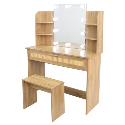 Vanity Desk Set with Stool, LED Mirror, Drawer, and Compartments, Modern Wood Dressing Table with Storage