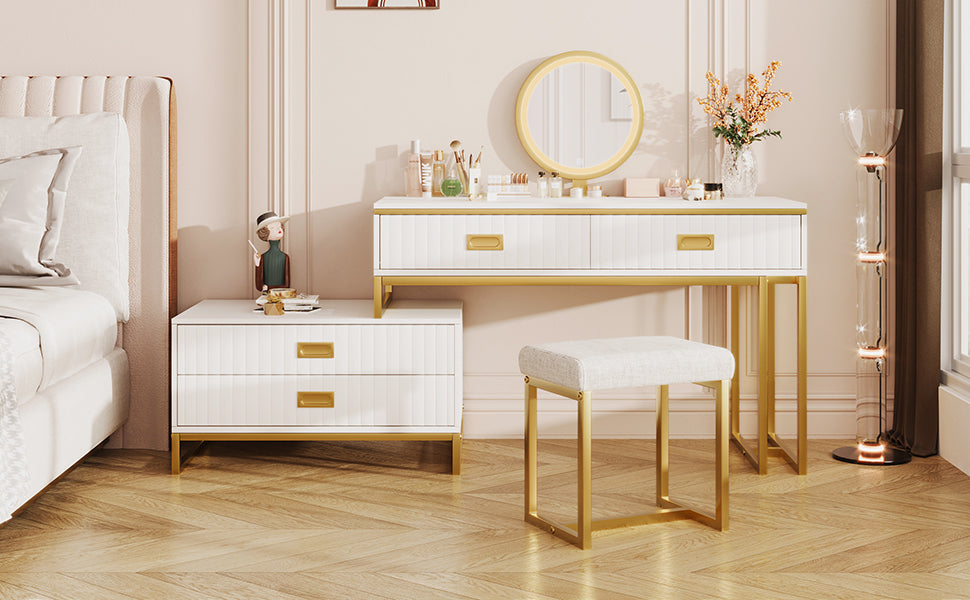 Modern Vanity Table with Movable Side Cabinet, 4 Drawers, Mirror with 3-Color LED Lights, Makeup Table with Stool, Gold Legs