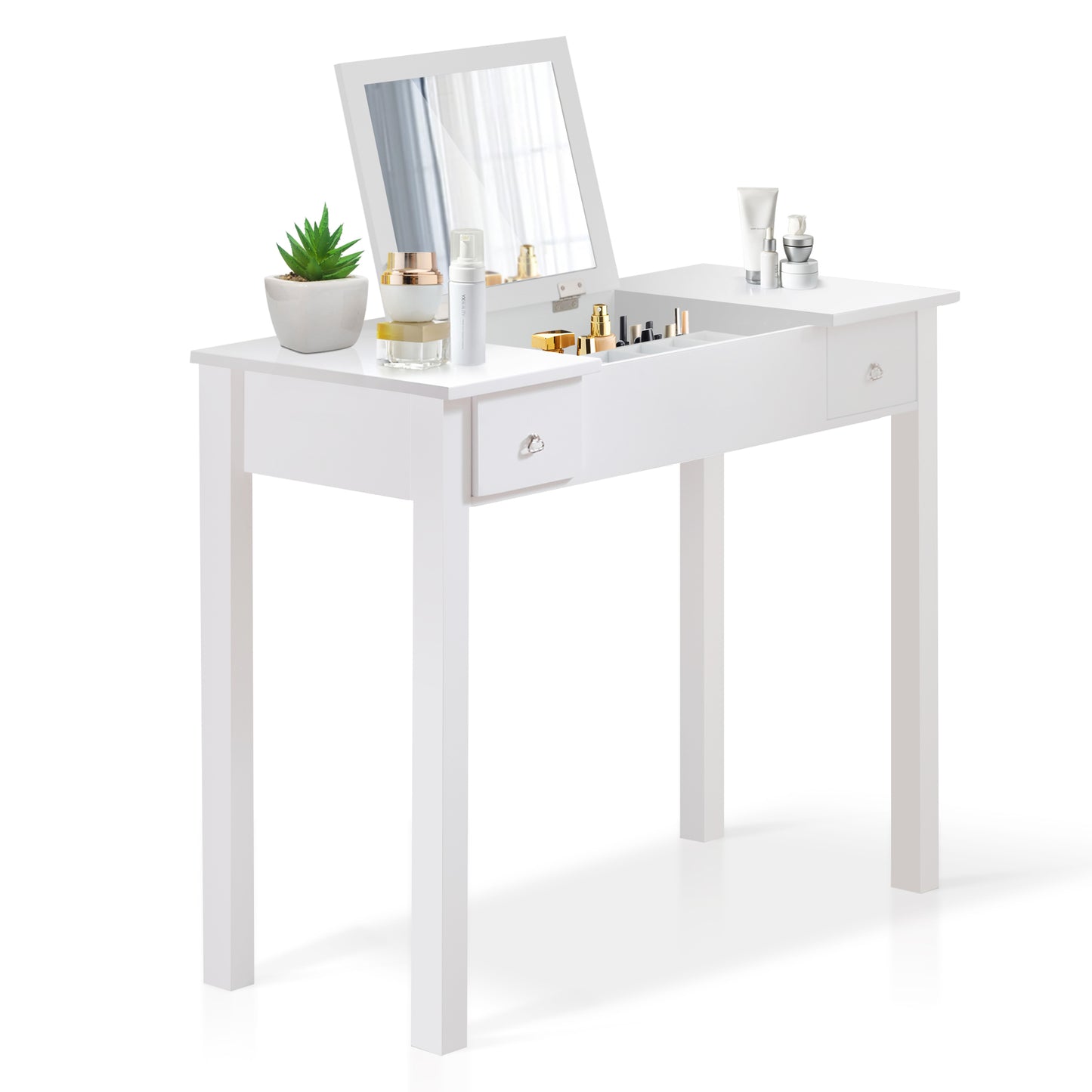 Accent White Vanity Table with Flip-Top Mirror and 2 Drawers, Jewelry Storage for Women Dressing