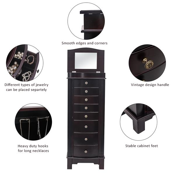 Jewelry Armoire - 8 Drawers, 16 Hooks, Mirror, 2 Swing Doors