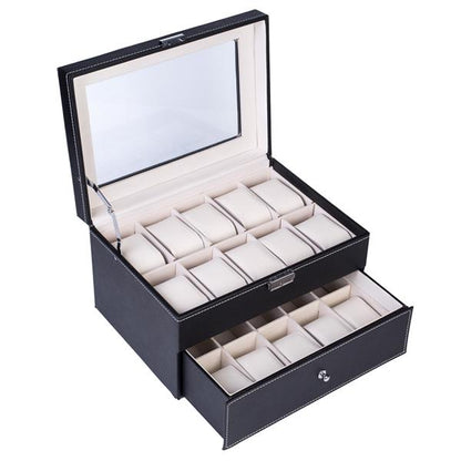 20-Compartment Wooden Watch Box - Dual Layers, Black