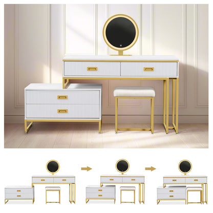 Modern Vanity Table with Movable Side Cabinet, 4 Drawers, Mirror with 3-Color LED Lights, Makeup Table with Stool, Gold Legs