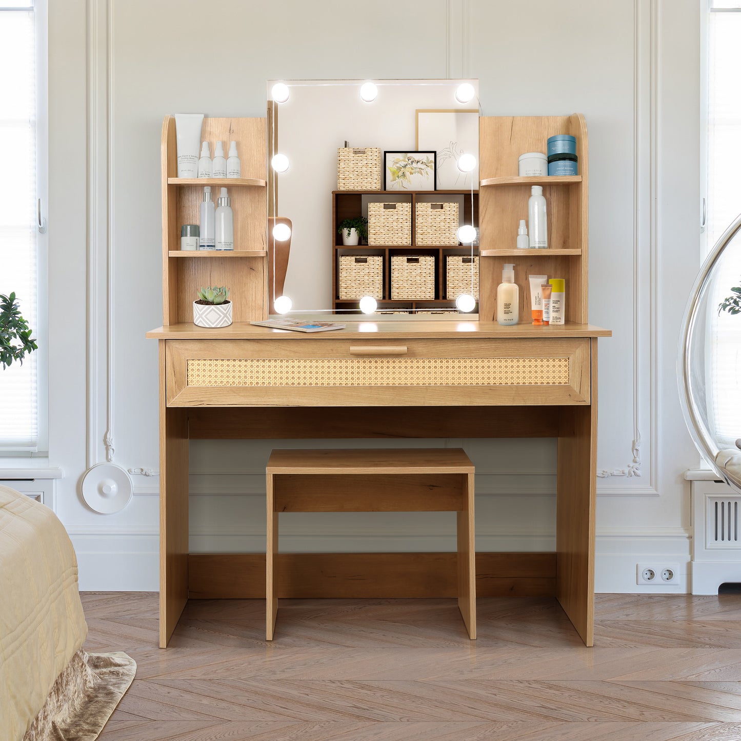 Vanity Desk Set with Stool, LED Mirror, Drawer, and Compartments, Modern Wood Dressing Table with Storage