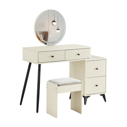 Makeup Vanity Desk with Round LED Mirror, Glass Top, 4 Drawers, Adjustable Shelves, and Movable Side Table