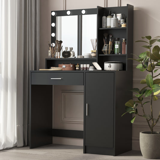 Vanity Desk with Mirror & Lights, Large Drawer, 3-Level Storage, Adjustable Brightness with 3 Lighting Modes