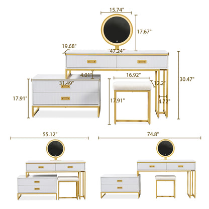 Modern Vanity Table with Movable Side Cabinet, 4 Drawers, Mirror with 3-Color LED Lights, Makeup Table with Stool, Gold Legs