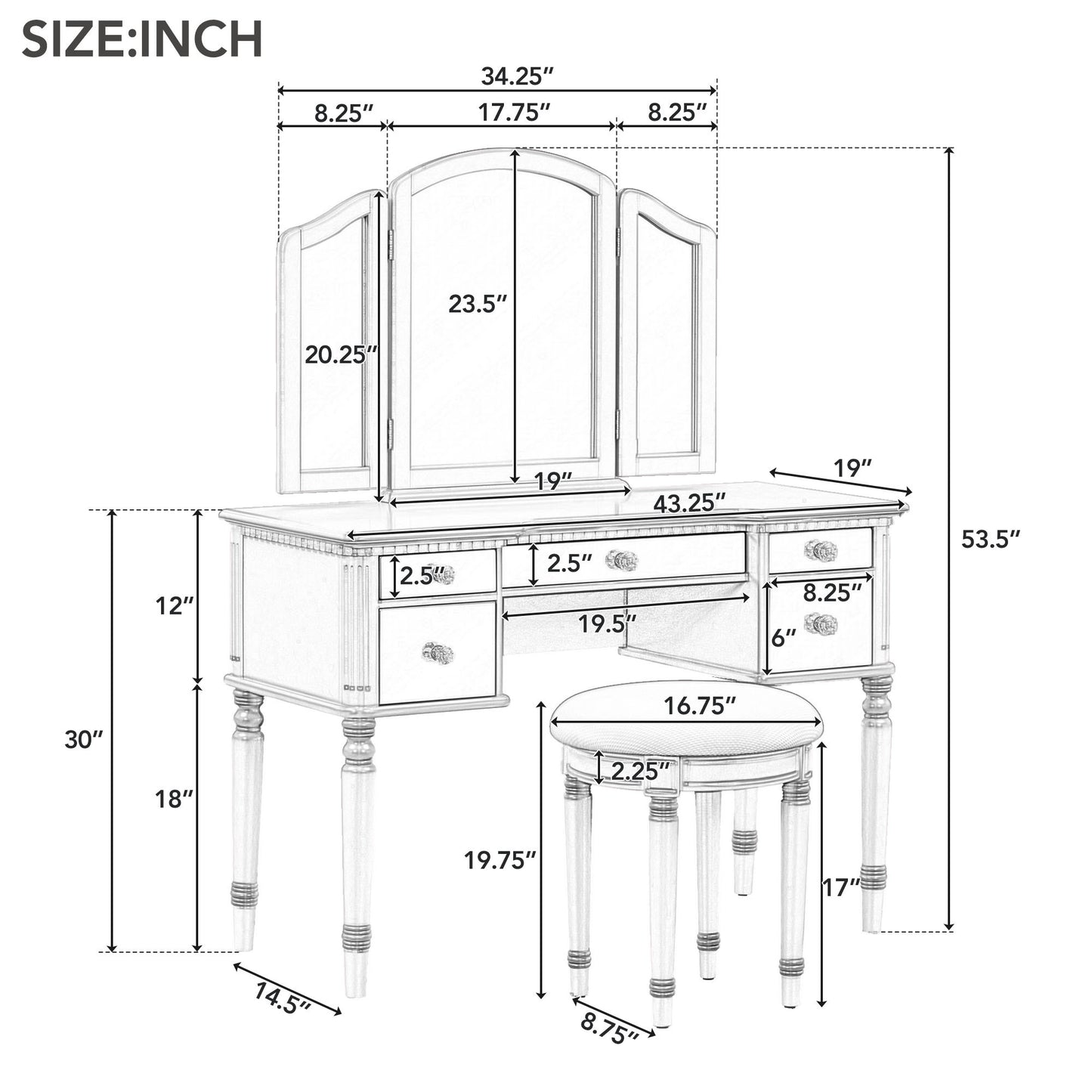 Dressing Table Set with Mirrored Drawers, Tri-fold Mirror, and Stool, Makeup Vanity Set for Bedroom