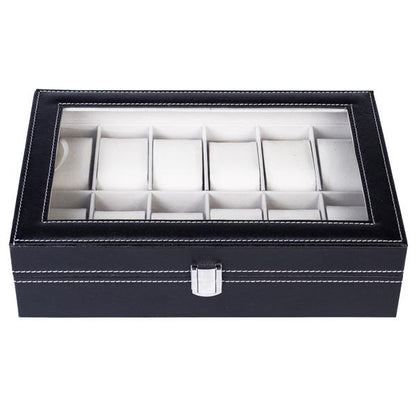 12-Compartment Leather Watch Box - Top-Level Opening, Black