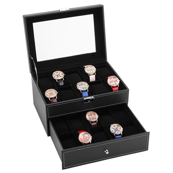 Watch Box 20 Mens Case Glass Top Display Organizer Lockable Black