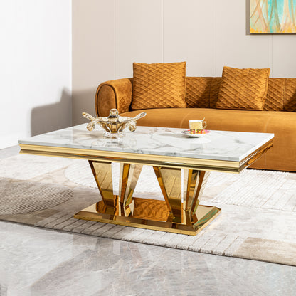 51.18" Modern Rectangular 0.78" Thick MDF Marble Pattern Top, Coffee Table Stainless Steel Base with Gold Mirror Finish