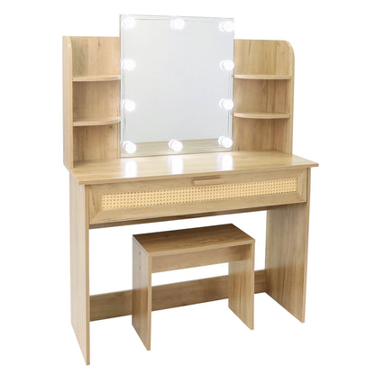 Vanity Desk Set with Stool, LED Mirror, Drawer, and Compartments, Modern Wood Dressing Table with Storage