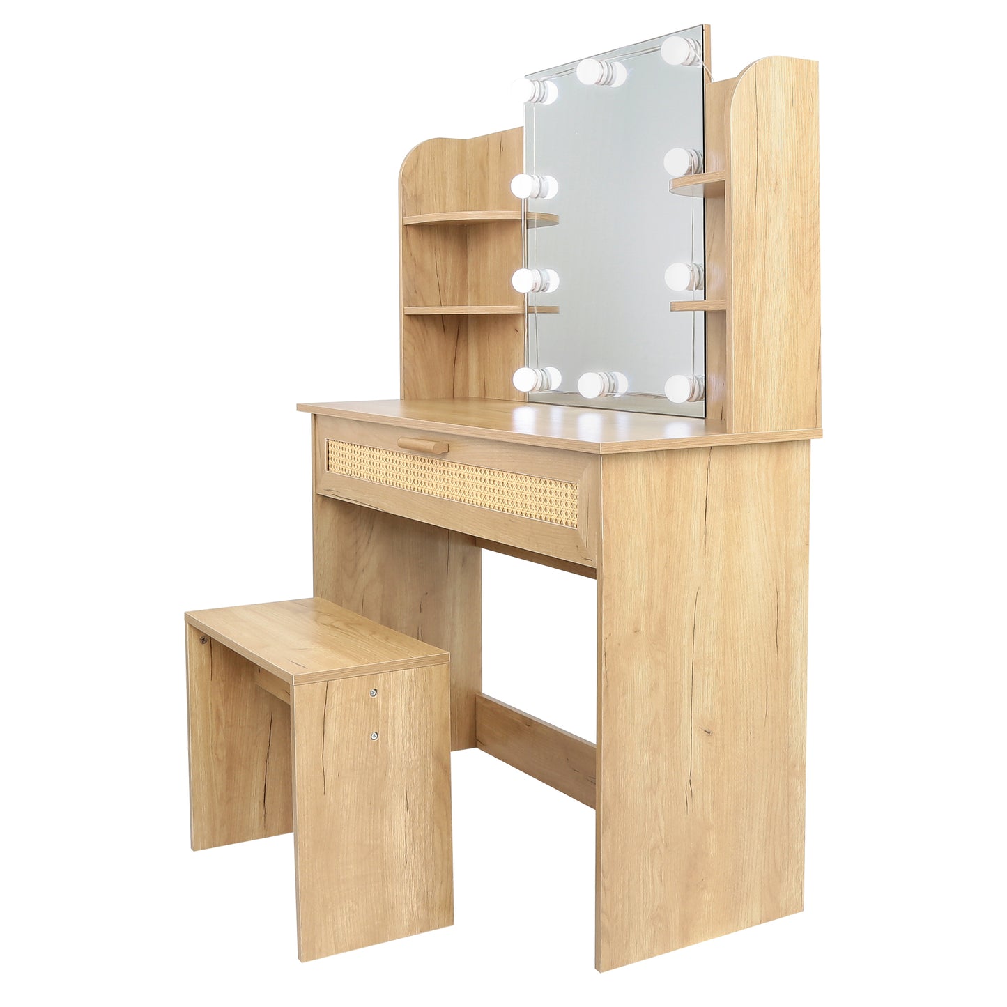 Vanity Desk Set with Stool, LED Mirror, Drawer, and Compartments, Modern Wood Dressing Table with Storage