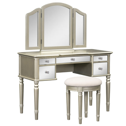 Dressing Table Set with Mirrored Drawers, Tri-fold Mirror, and Stool, Makeup Vanity Set for Bedroom