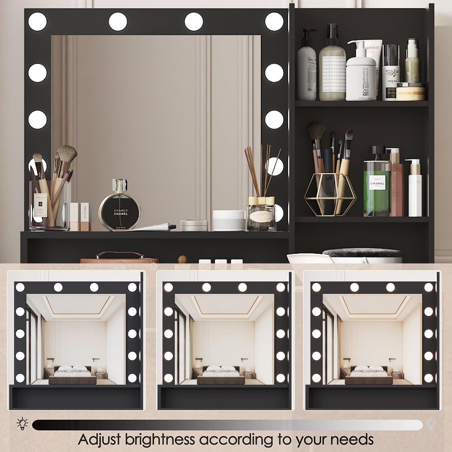 Vanity Desk with Mirror & Lights, Large Drawer, 3-Level Storage, Adjustable Brightness with 3 Lighting Modes