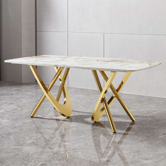 MDF marble pattern dining table with gold stainless steel base, rectangular shape seats 6-8 people