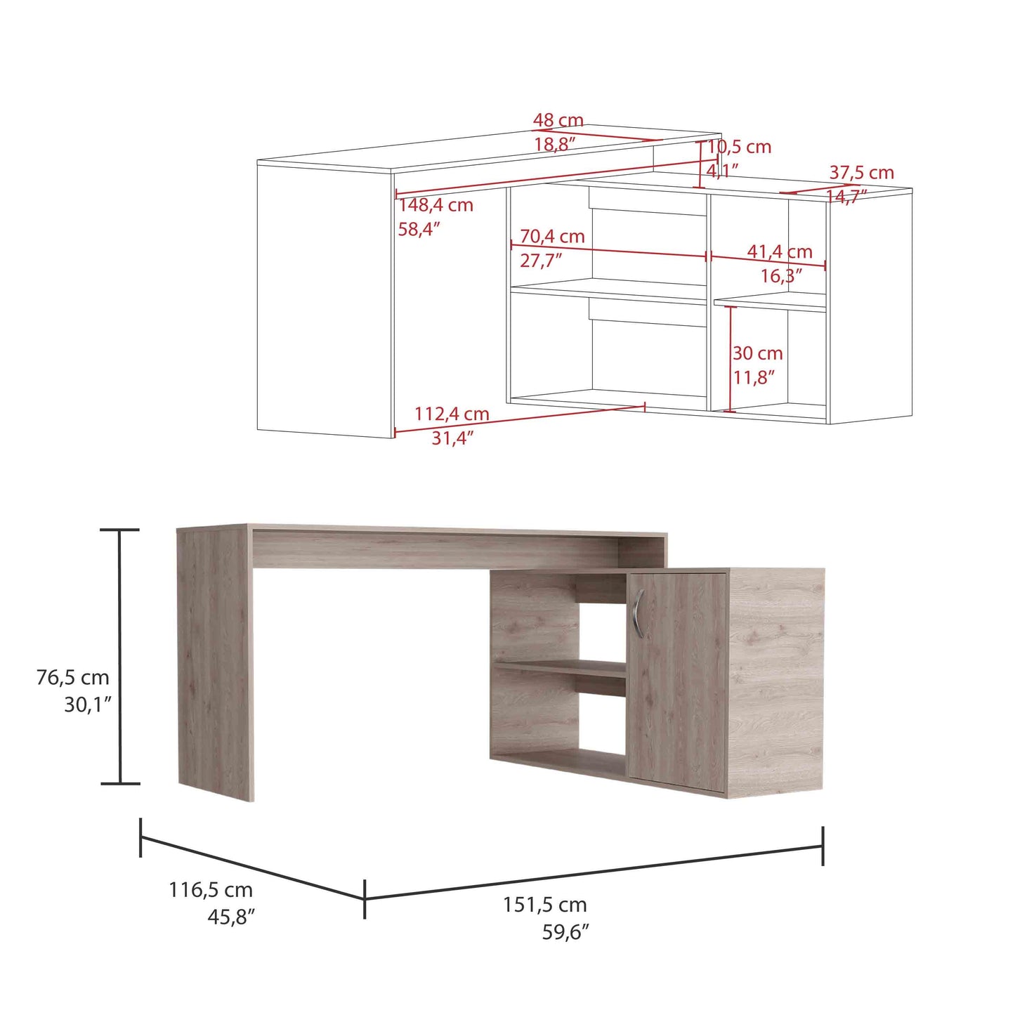 Axis Modern L-Shaped Computer Desk with Open & Closed Storage -Light Gray