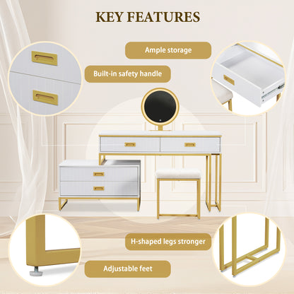 Modern Vanity Table with Movable Side Cabinet, 4 Drawers, Mirror with 3-Color LED Lights, Makeup Table with Stool, Gold Legs