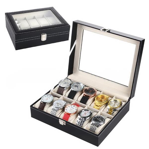 10-Compartment Leather Watch Box - Black