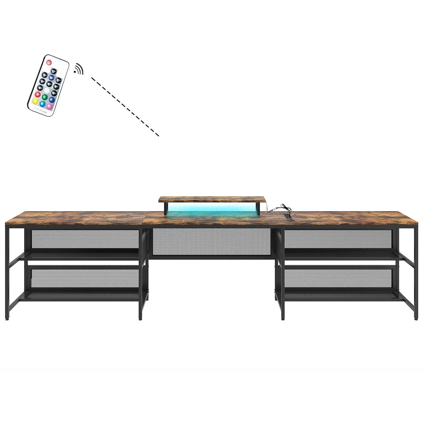 U Shaped Desk with Power Outlets, LED Strip, Monitor Stand, and Storage Shelf for Home Office or Gaming