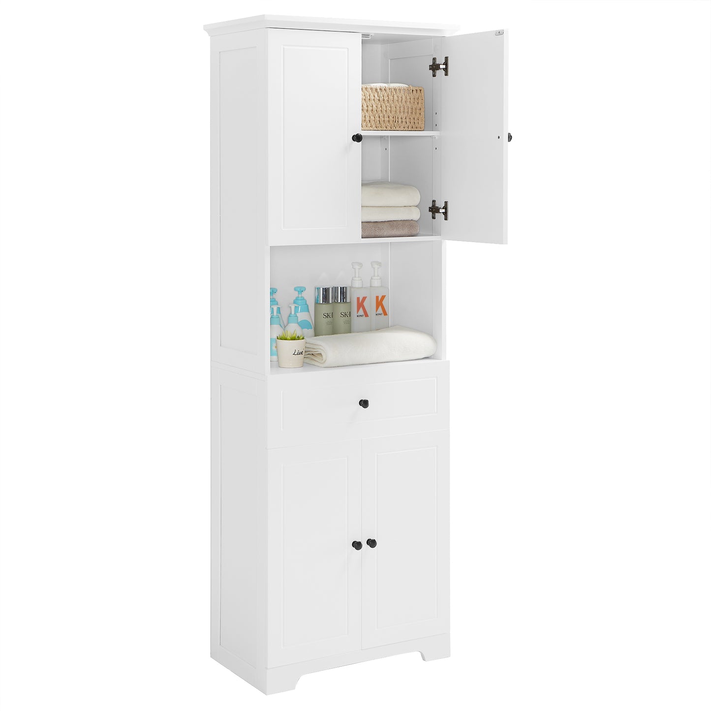 Tall Bathroom Cabinet with Four Doors and Open Shelve