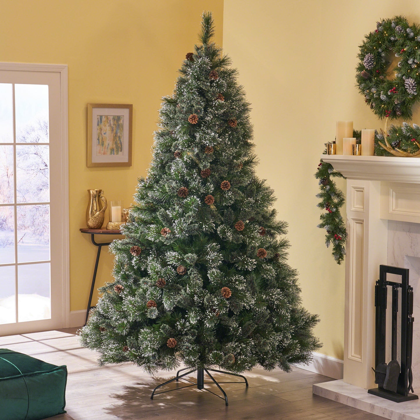 7' Faux Cashmere and Snow Bristle Mixed Tree with 75 Pine Cones and 1233 tips,Dia.:59