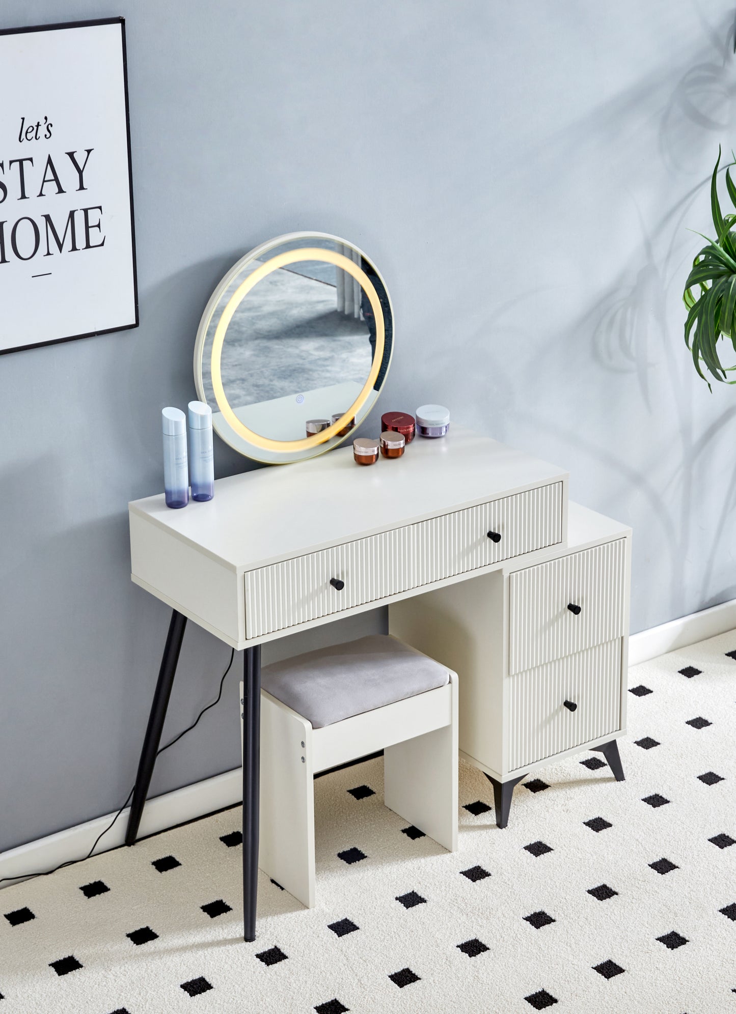 Makeup Vanity Desk with Round LED Mirror, Glass Top, 4 Drawers, Adjustable Shelves, and Movable Side Table