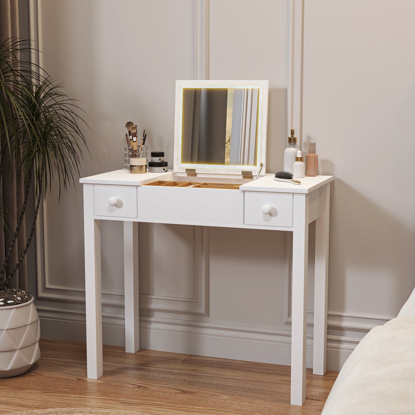 Accent White Vanity Table with Flip-Top Mirror and 2 Drawers, Jewelry Storage for Women Dressing