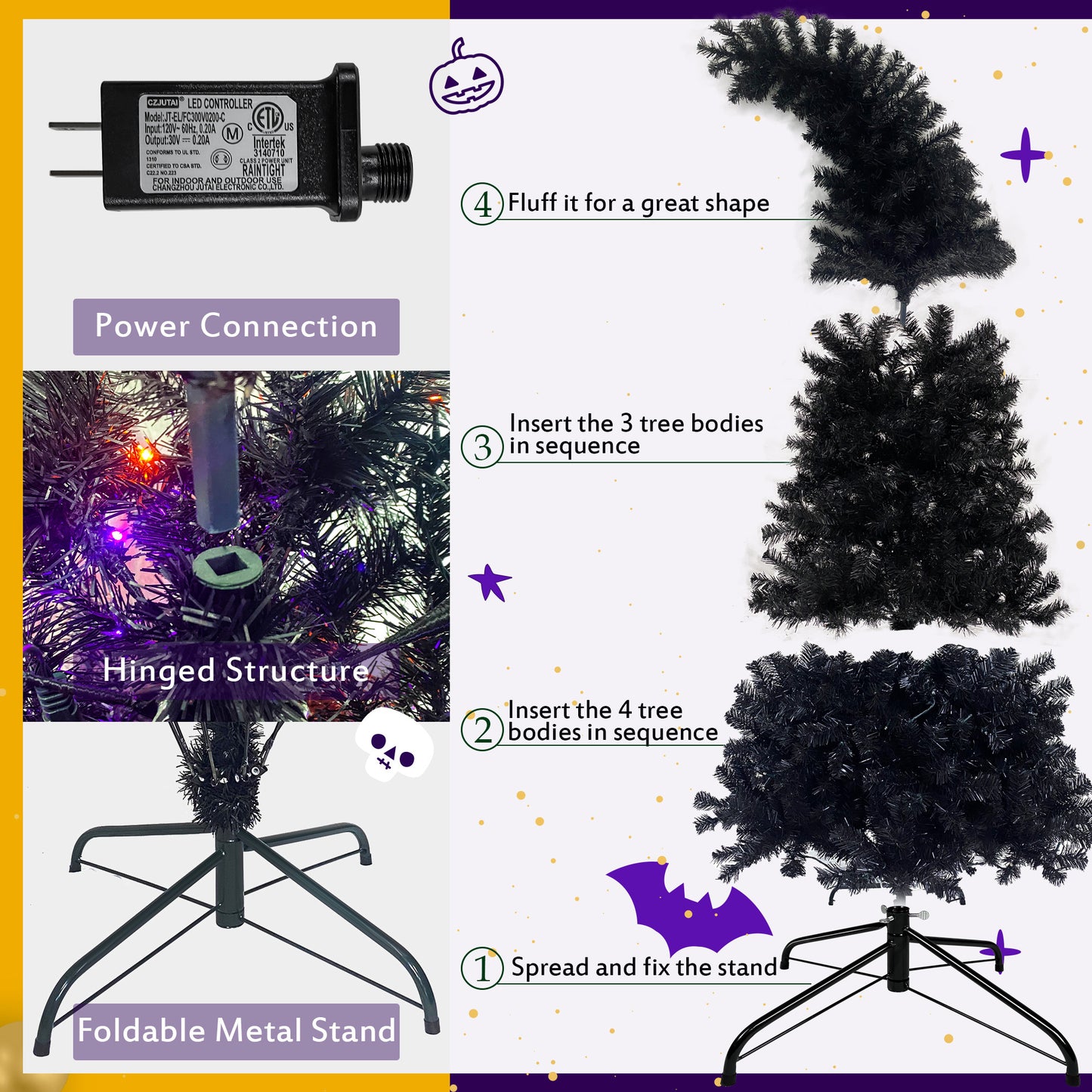 6FT Artificial Fir Bent Top Halloween Christmas Tree, Xmas Tree Bendable Grinch Style Christmas Tree Holiday Decoration w/1,080 Lush Branch Tips, 300 LED Lights X-mas Halloween Style