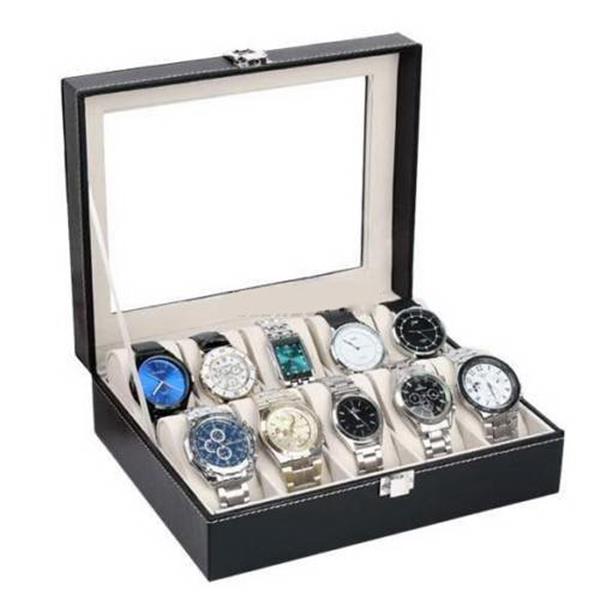 10-Compartment Leather Watch Box - Black