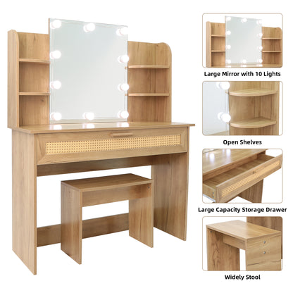 Vanity Desk Set with Stool, LED Mirror, Drawer, and Compartments, Modern Wood Dressing Table with Storage