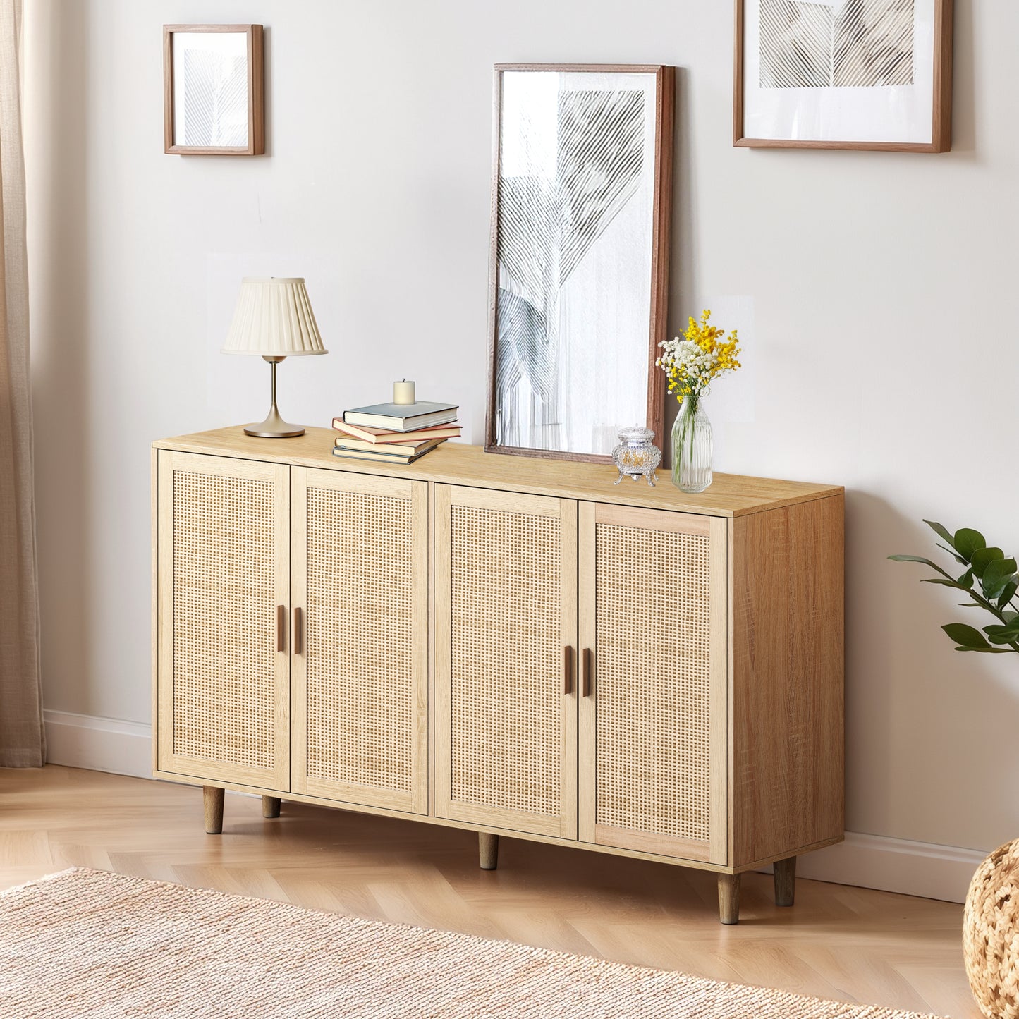 Elegant 4-Door Rattan Storage Cabinet, Functional and Easy to Assemble