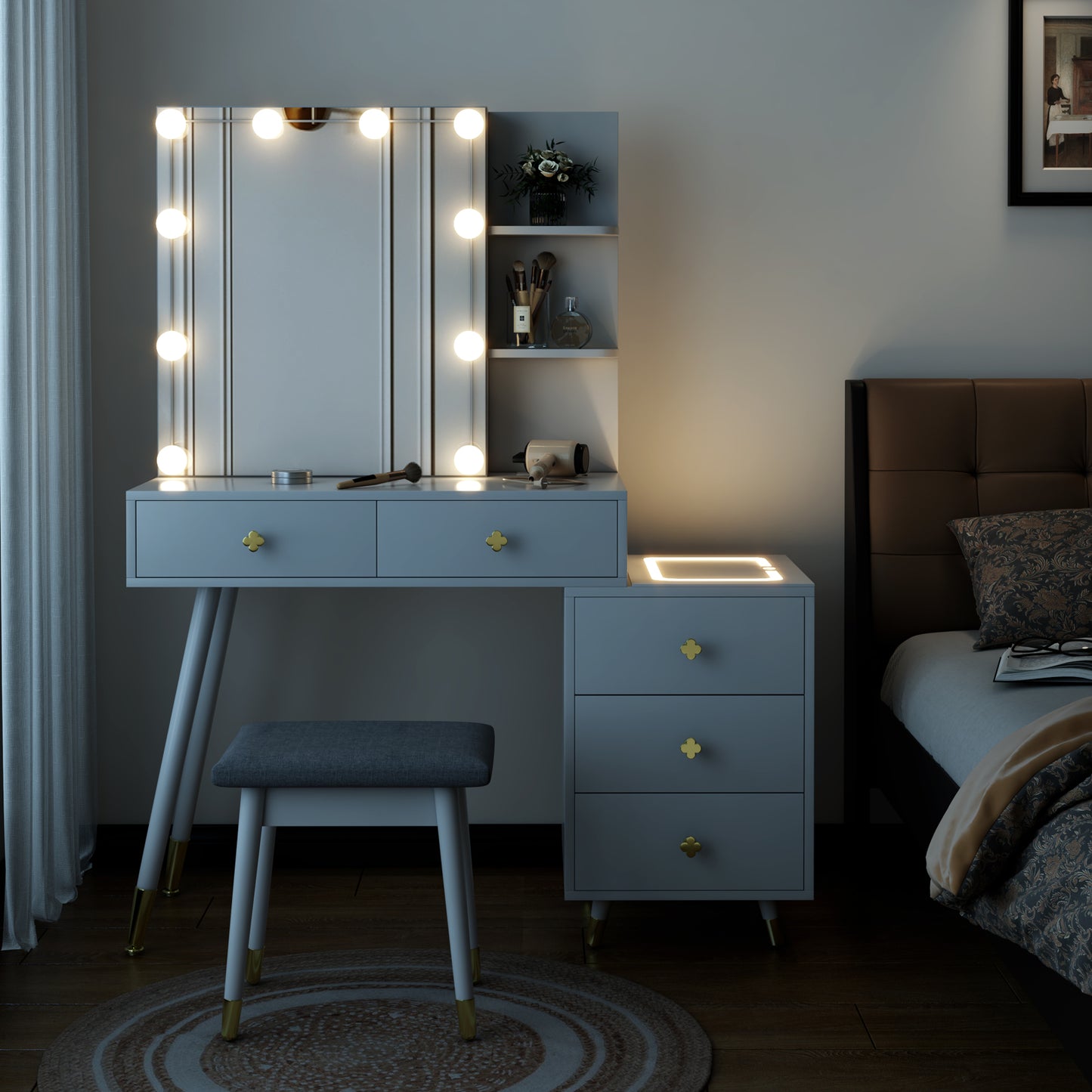 FCH Vanity Cabinet with 5 Drawers, 2 Shelves, LED Mirror with Three-Tone Lighting