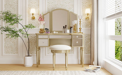 Dressing Table Set with Mirrored Drawers, Tri-fold Mirror, and Stool, Makeup Vanity Set for Bedroom