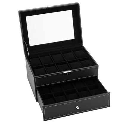 Watch Box 20 Mens Case Glass Top Display Organizer Lockable Black