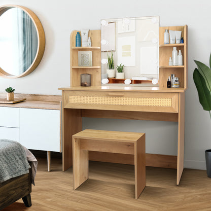 Vanity Desk Set with Stool, LED Mirror, Drawer, and Compartments, Modern Wood Dressing Table with Storage