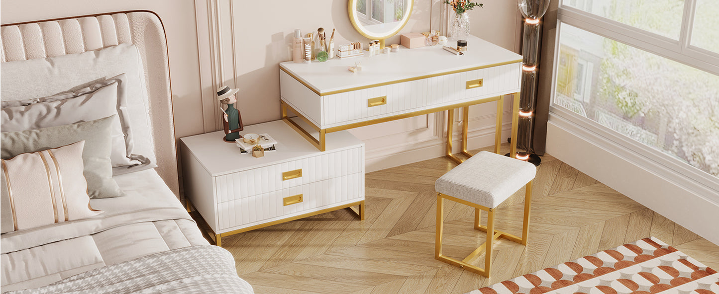 Modern Vanity Table with Movable Side Cabinet, 4 Drawers, Mirror with 3-Color LED Lights, Makeup Table with Stool, Gold Legs