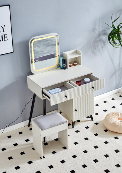 Makeup Vanity Desk with Square LED Mirror, Glass Top, 4 Drawers, Adjustable Shelves, and Movable Side Table