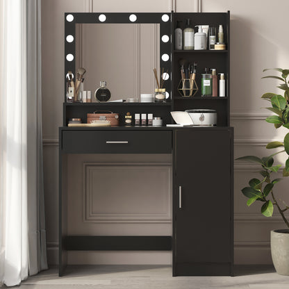 Vanity Desk with Mirror & Lights, Large Drawer, 3-Level Storage, Adjustable Brightness with 3 Lighting Modes