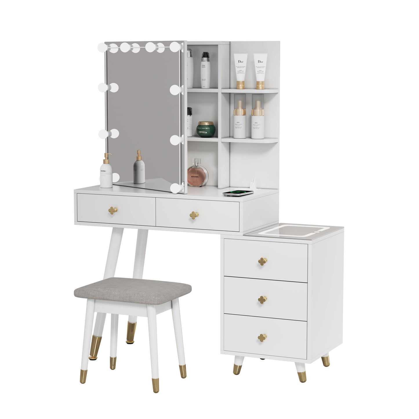 FCH Vanity Cabinet with 5 Drawers, 2 Shelves, LED Mirror with Three-Tone Lighting