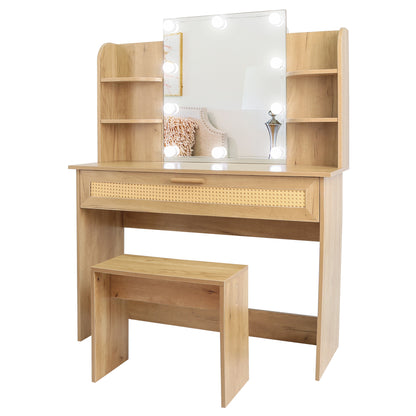 Vanity Desk Set with Stool, LED Mirror, Drawer, and Compartments, Modern Wood Dressing Table with Storage