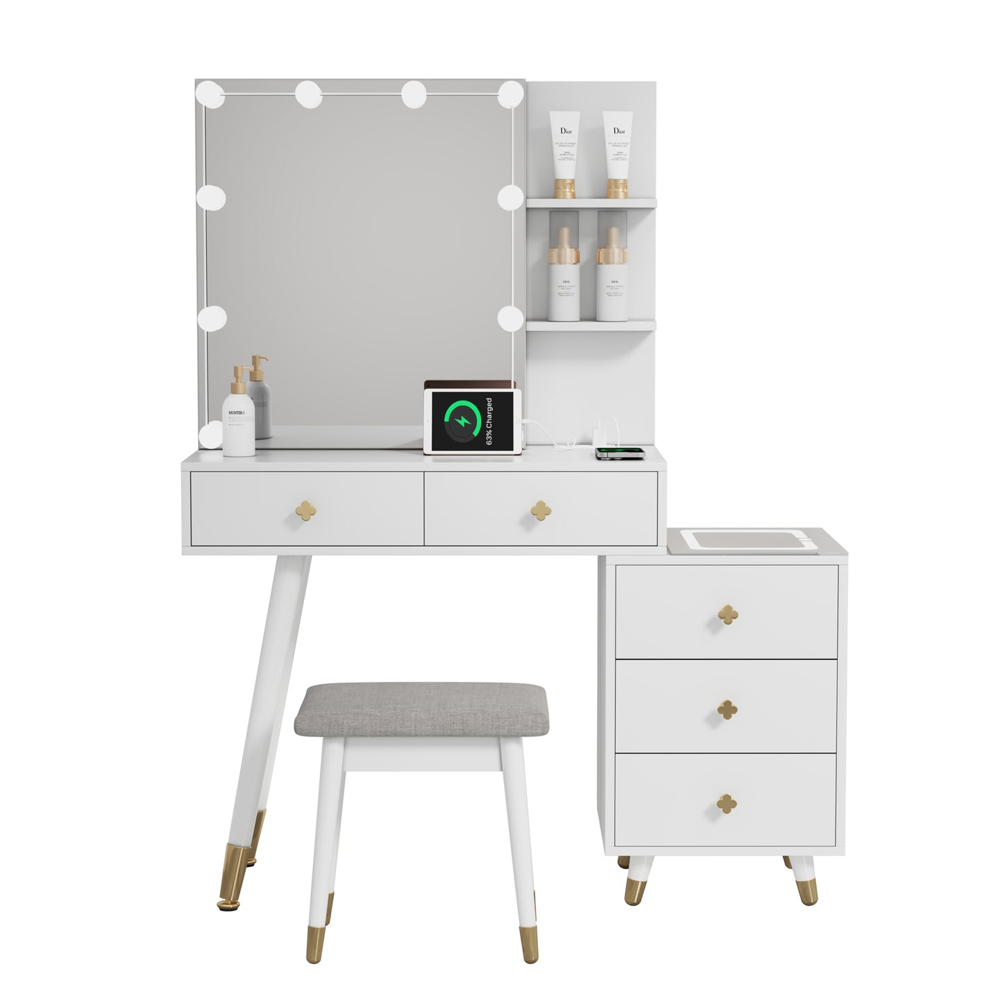 FCH Vanity Cabinet with 5 Drawers, 2 Shelves, LED Mirror with Three-Tone Lighting