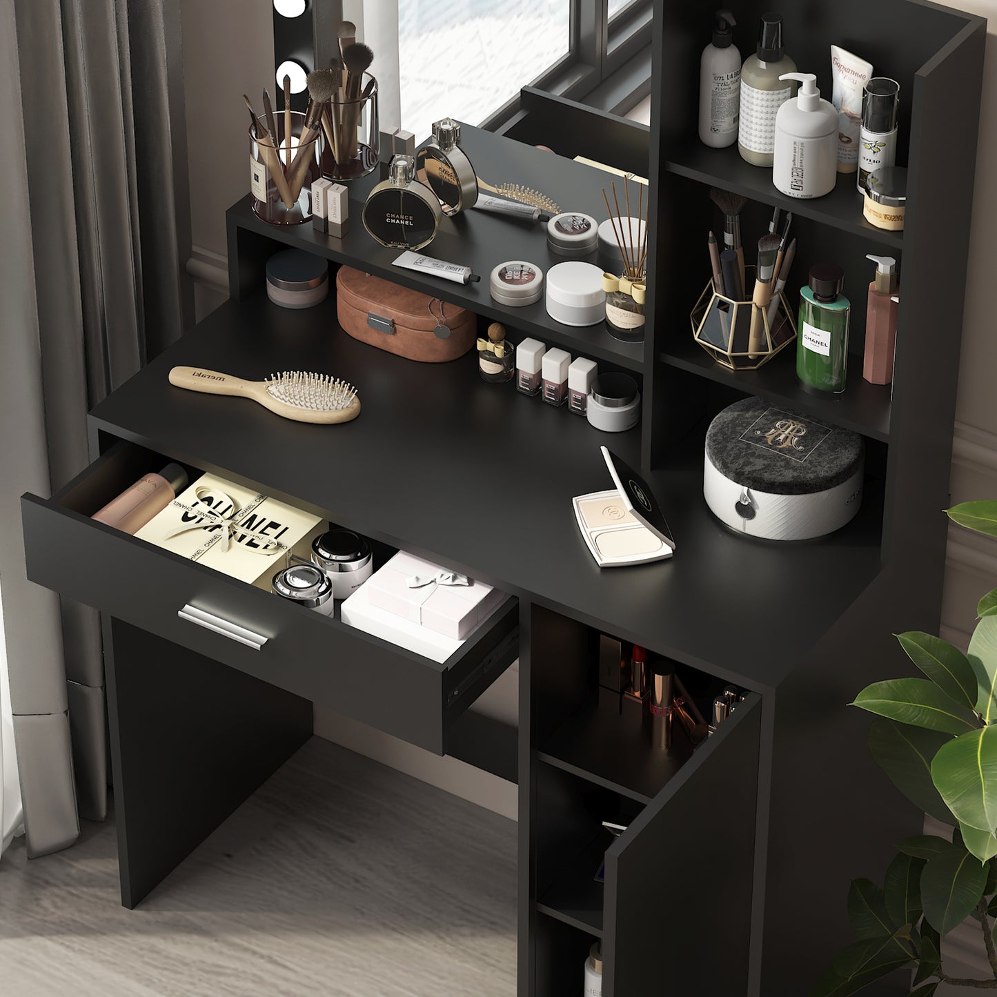 Vanity Desk with Mirror & Lights, Large Drawer, 3-Level Storage, Adjustable Brightness with 3 Lighting Modes