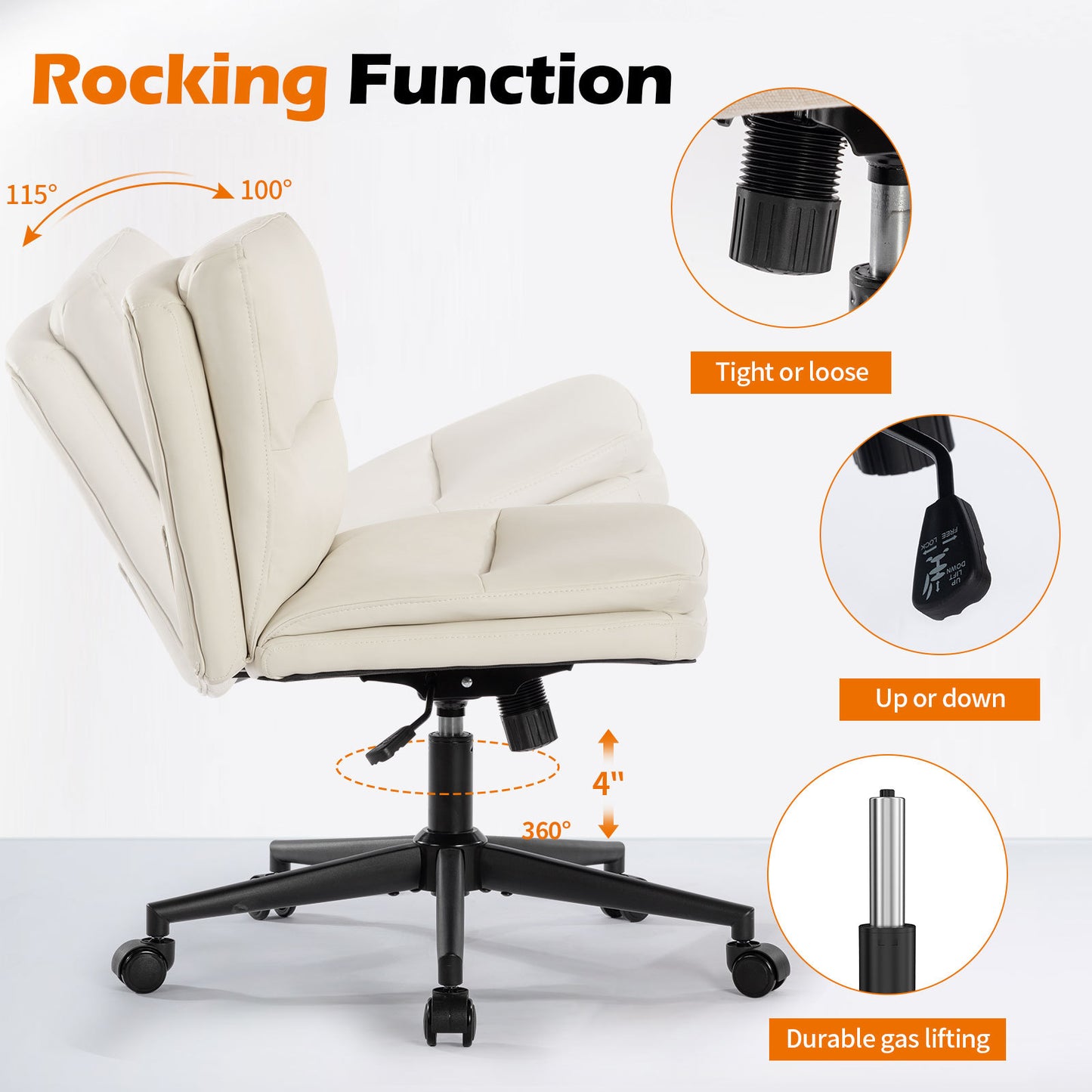 Armless Office Chair, PU Padded Desk Chair with Wheels, Mid Back Rocking Computer Chair for Bedroom and Vanity