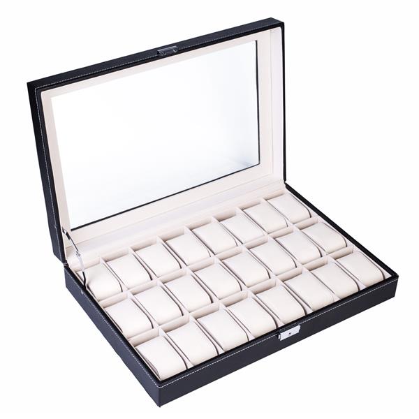 24-Compartment Leather Watch Box - Black